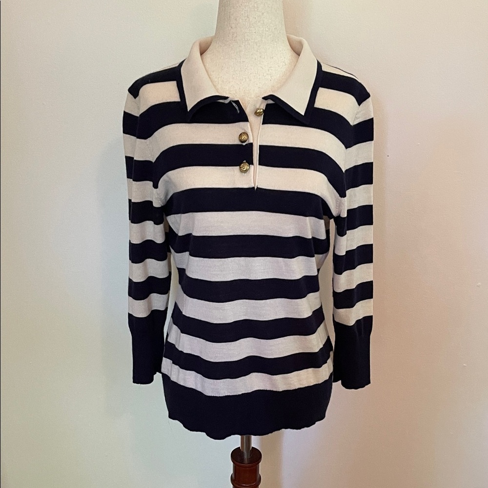 FRAME Wool Cashmere Striped Sweater Navy Ivory Gold Button Pullover Women’s L - Picture 1 of 5